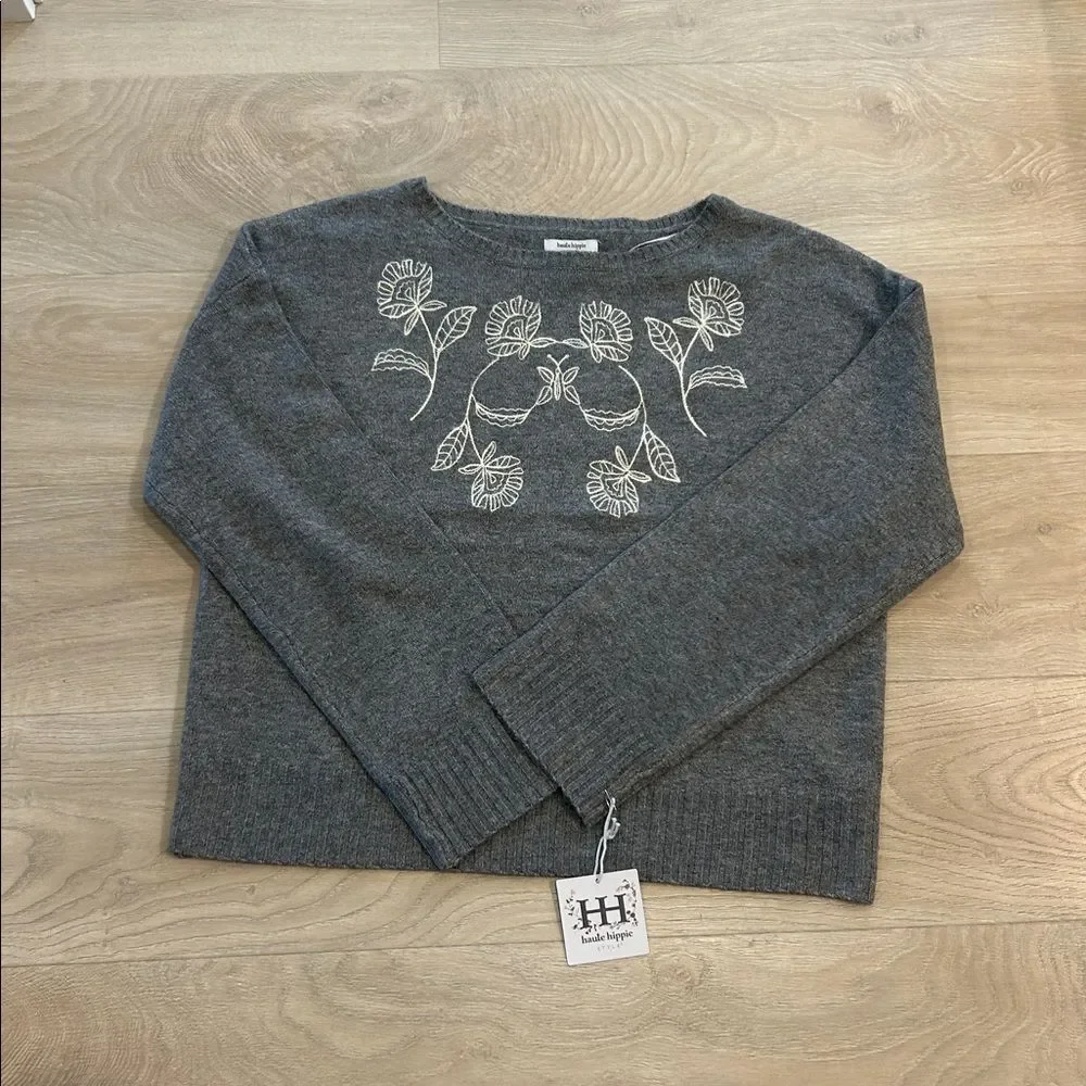 Haute Hippie Charcoal Sweater with Cream Floral Embroidered Design, NWT, Size XL - Picture 1 of 8
